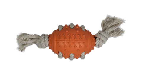 Rope toy with rubber rugby ball
